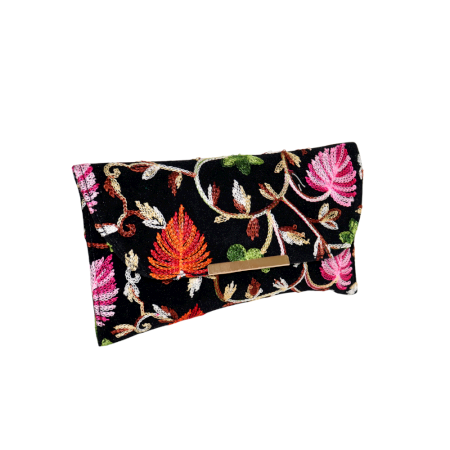 Handcrafted Velvet Beaded Clutch Bag with Gold Chain